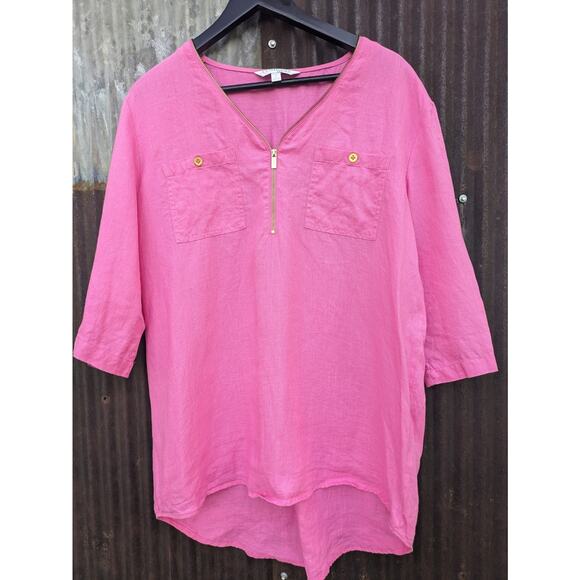 Ellen Tracy 100% Linen Blouse Large Hot Pink Beach Barbie Coastal Cowgirl Airy - Picture 1 of 11
